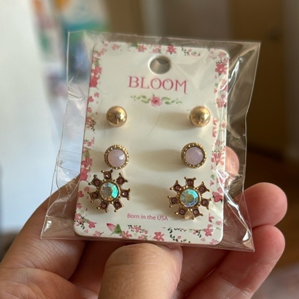 BLOOM Boutique Pink Gold Boho Set of 3 Stud Earrings